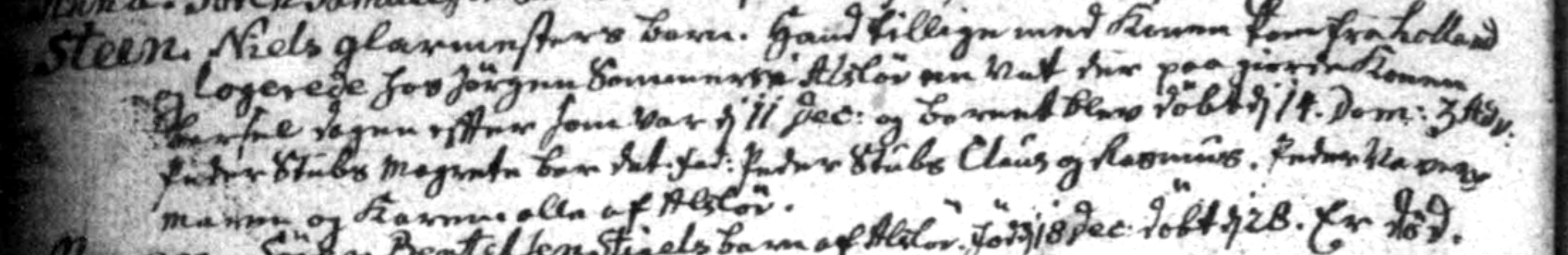 Steen Nielsens dåb i Nørre Alskev, da forældrene var på gennemrejse. Drengen døde siden i oktober 1783 i Ryde.