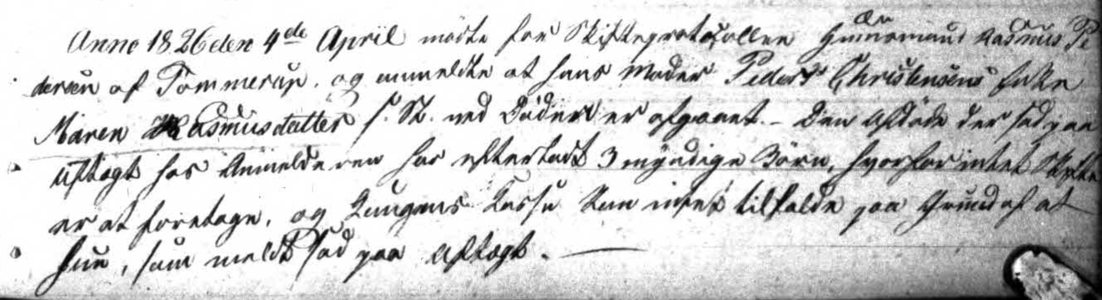Maren Rasmusdatters dødsanmeldelse for Odense Herreds Skifteret 1826