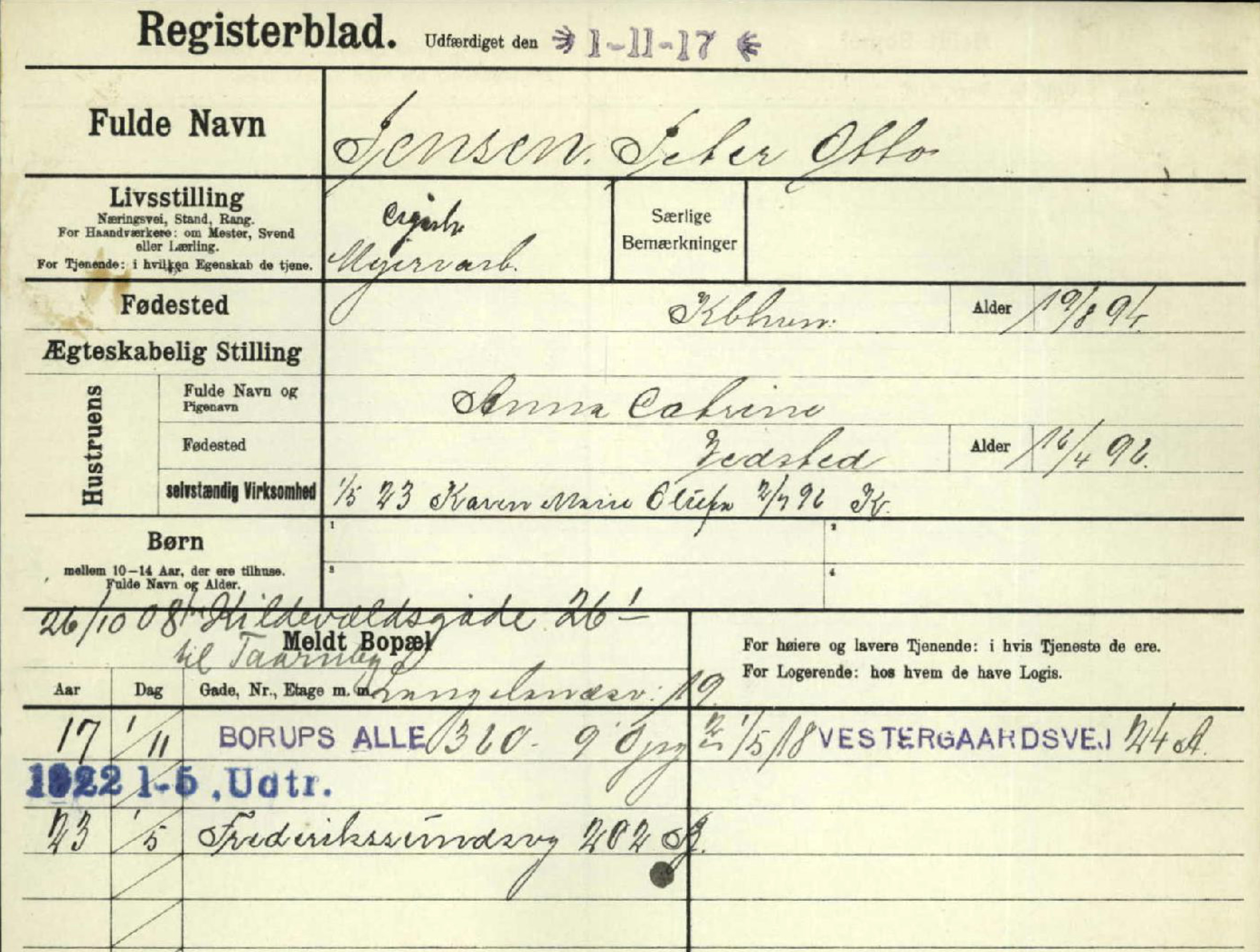 Politiets Registerblade 1917 for Peter Otto Jensen og hustruer