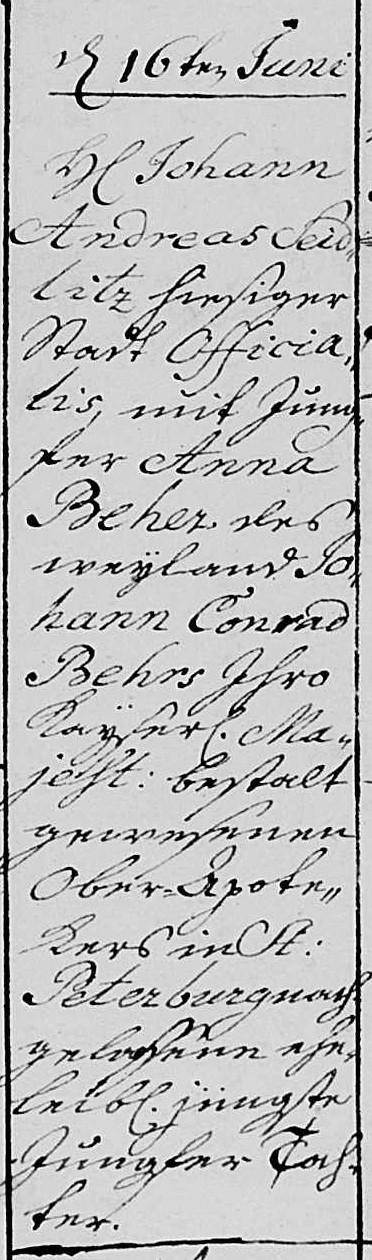 Johann Andreas Seidlitz og Anna Behers vielse i Narva 16. juni 1743