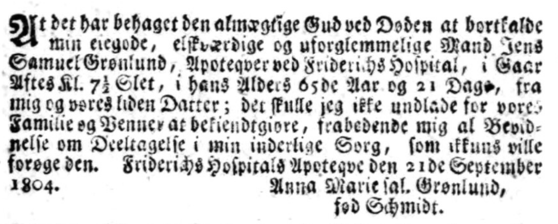 Jens Samuel Grønlunds dødsannonce 21. sept. 1804